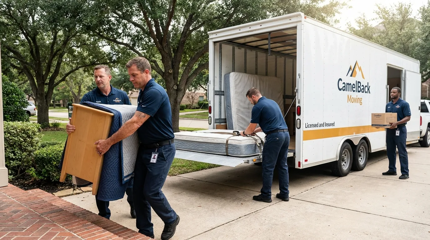 Crew loading residential truck for cross-state move from Apache, OK