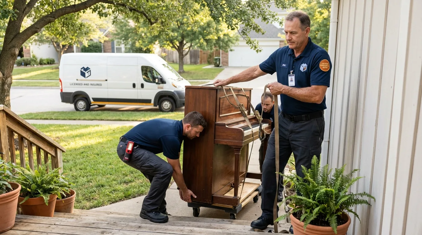 Licensed piano movers securing grand piano in Apache, OK