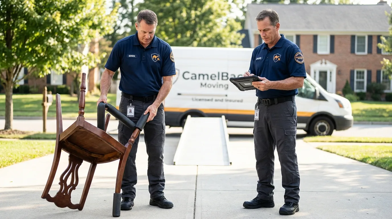 Movers inspecting furniture for damage prevention before loading in Apache, OK