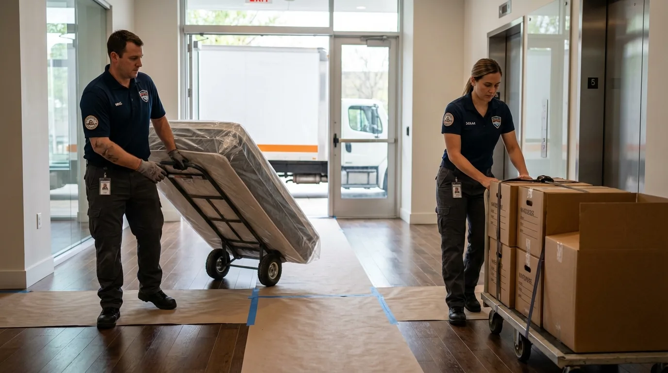 Professional apartment movers loading elevator in Apache, OK