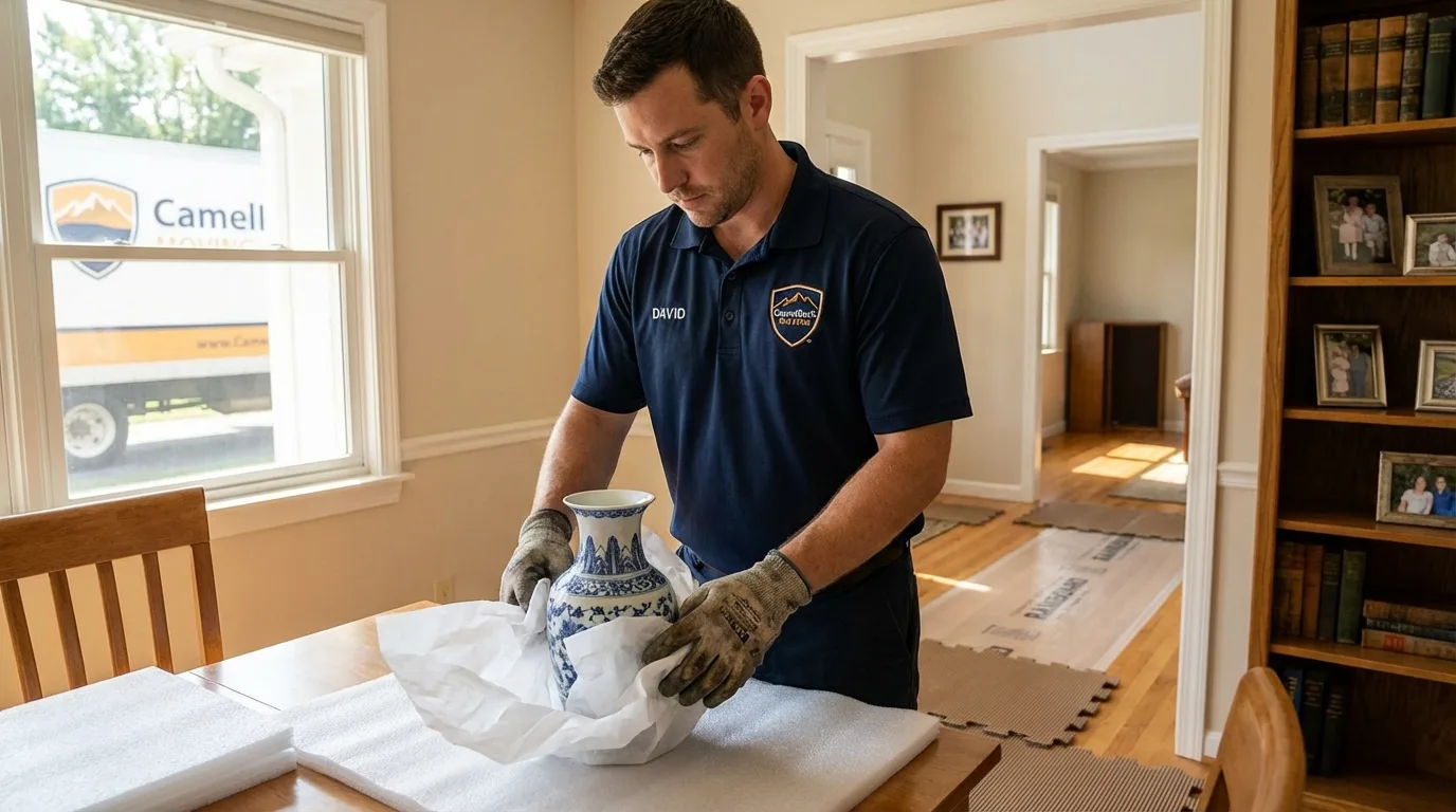 Professional crew carefully wrapping antique vase for senior downsizing move in Apache, OK